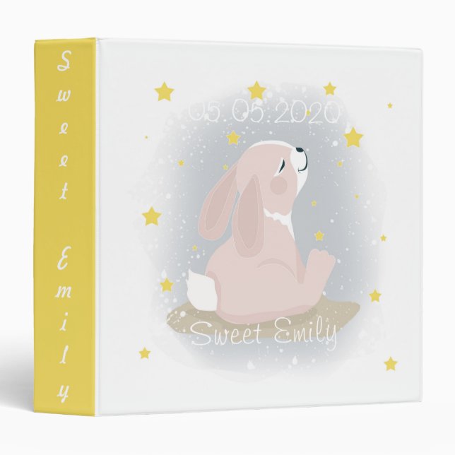 Classeur Mignonne lapin et étoiles d'or. (Devant/Côté)