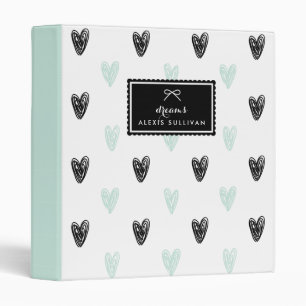 Classeur Mint & Black Hearts Doodles Motif Personnalisé