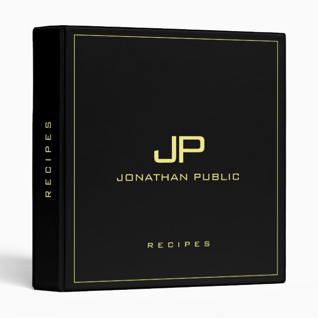 Classeur Modèle de recette élégant monogrammé noir or (Devant/Côté)