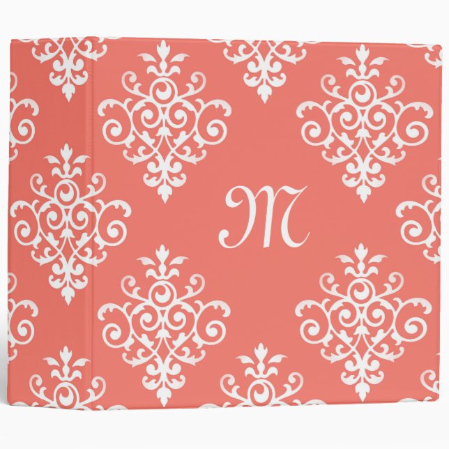 Classeur Modèle Stylé Corail Damask Avec Monogramme (Devant/Côté)