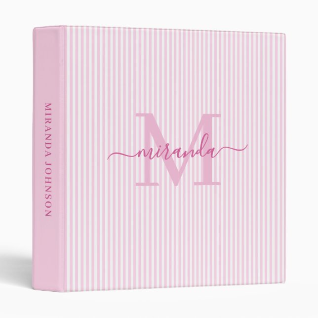 Classeur Modern Pink & White Stripes Monogram Name (Devant/Côté)