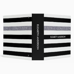 Classeur Moderne Black Stripes FAUX Silver Glitz et nom