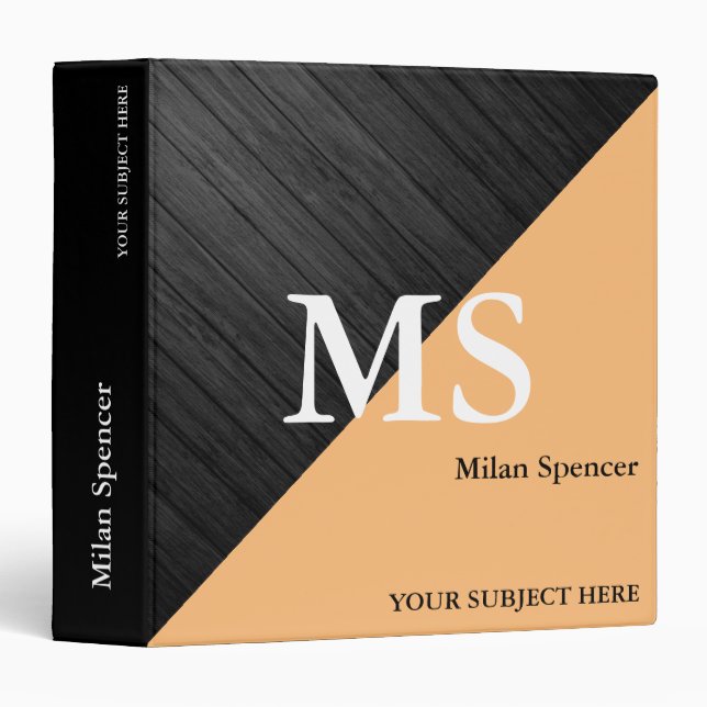 Classeur Moderne Monogramme bois & noir sujet personnalisé (Devant/Côté)