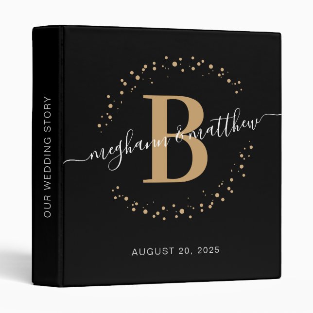 Classeur Moderne Monogramme De Mariage Féminin Noir Et Or (Devant/Côté)