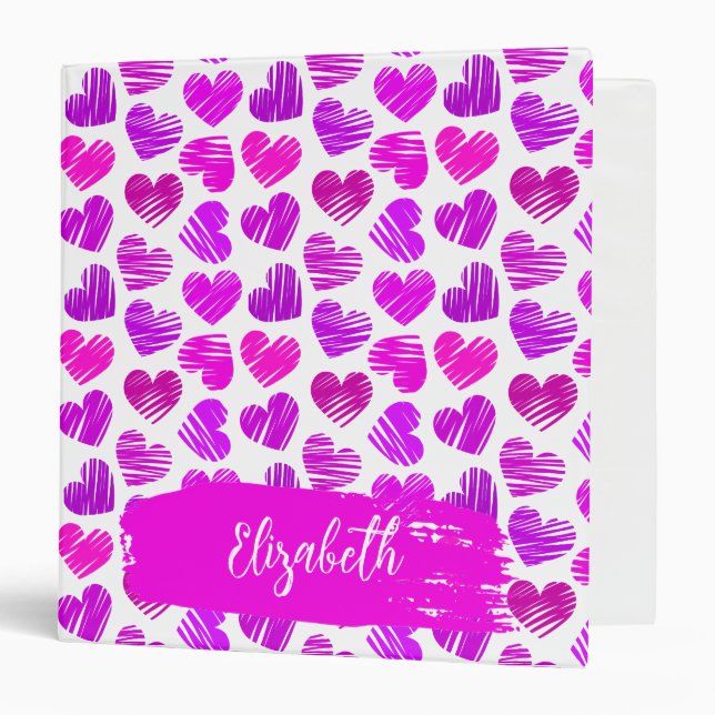 Classeur Moderne Purple Rose Doodled Hearts Valentine Nom (Devant/Intérieur)