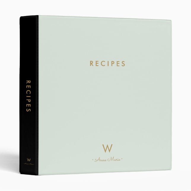 Classeur Moderne Sage Green Pastel Monogram Recette (Devant/Côté)