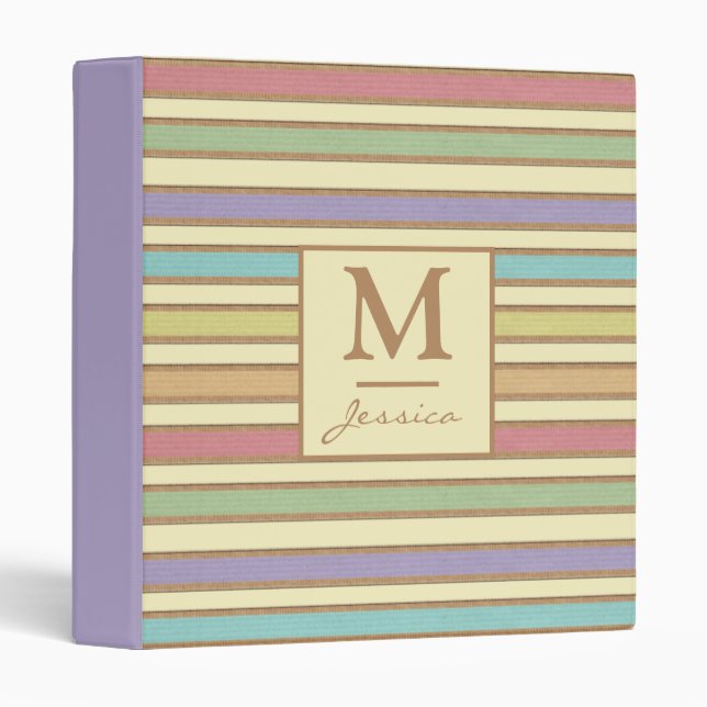 Classeur Moderne Style Pastel Ribbon Monogramme rayé (Devant/Côté)