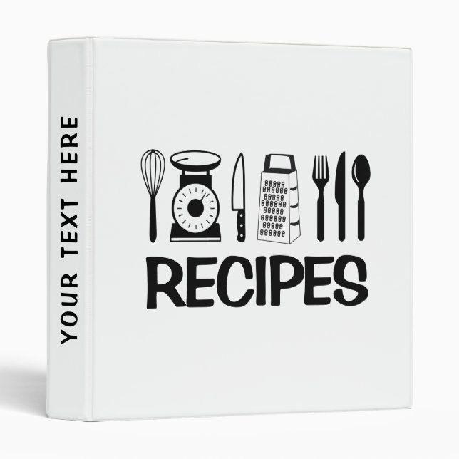 Classeur Monochrome "RECEPES" Cuisine Clip Art Design - (Devant/Côté)