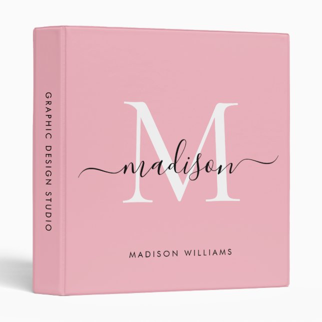 Classeur Monogram Blush Pink noir Script école de bureau (Devant/Côté)