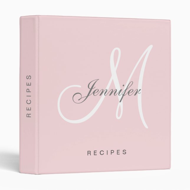 Classeur Monogram Blush Pink Script Élégant Nom Recette (Devant/Côté)