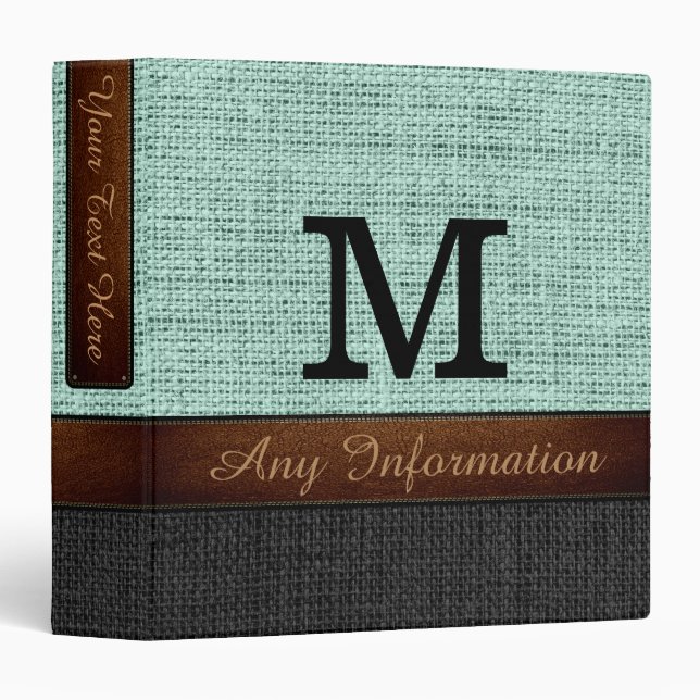 Classeur Monogram Mint & Black Burlap Rustique Jute (Devant/Côté)