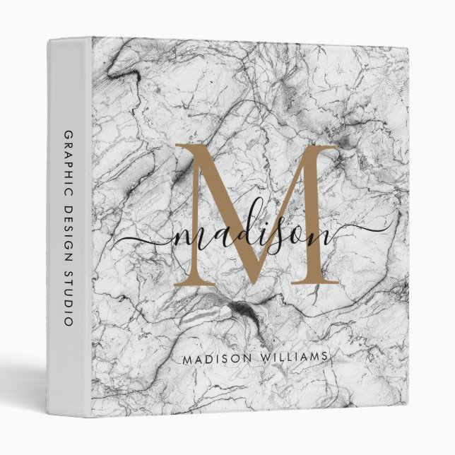 Classeur Monogram White Gold Marbre Script Office School (Devant/Côté)