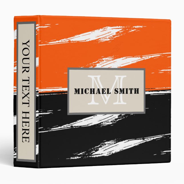 Classeur Monogramme à pinceau noir blanc orange (Devant/Côté)