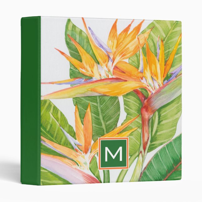 Classeur Monogramme | Aquarelle de fleurs exotiques (Devant/Côté)