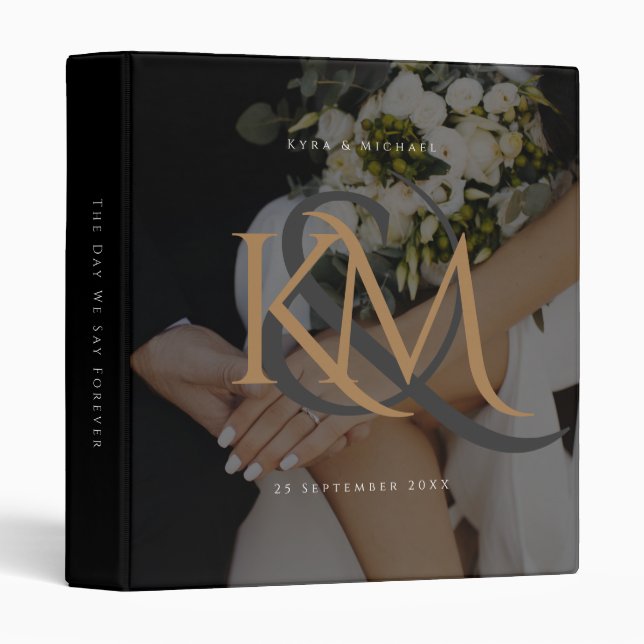 Classeur Monogramme Black Gold Custom Photo Wedding Album p (Devant/Côté)