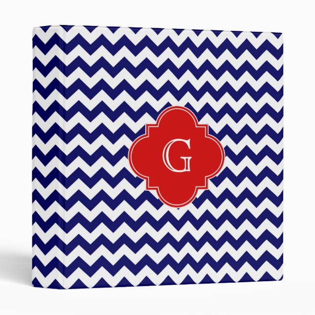 Classeur Monogramme blanc Chevron ZigZag rouge Quatrefoil (Devant/Côté)