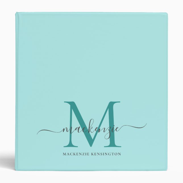 Classeur Monogramme Bleu Aqua Élégant Moderne (Devant)