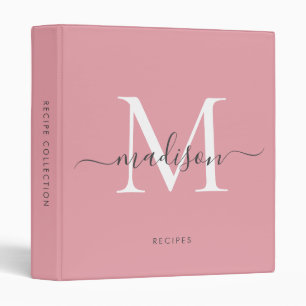 Classeur Monogramme Blush Pink Gris Script Recette cuisine