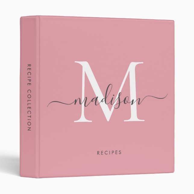 Classeur Monogramme Blush Pink Gris Script Recette cuisine (Devant/Côté)