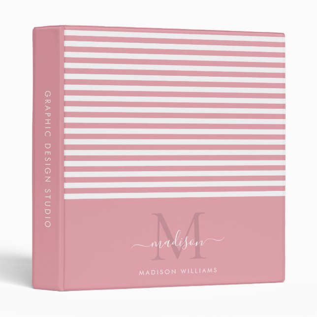 Classeur Monogramme Blush Pink White Strips Script Office (Devant/Côté)
