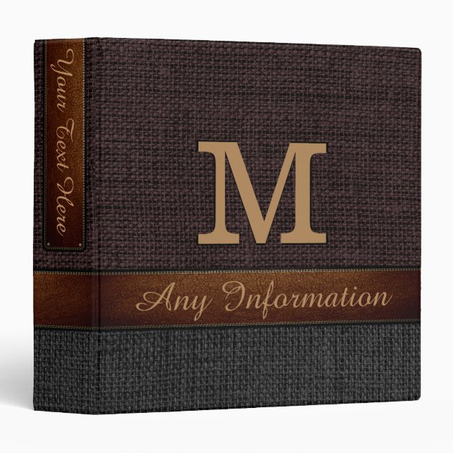 Classeur Monogramme Brown et noir Burlap Jute rustique (Devant/Côté)