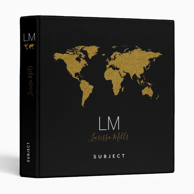 Classeur monogramme + carte du monde en noir élégant (Devant/Côté)