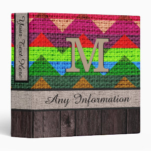Classeur Monogramme Chevron Zigzag Motif Burlap Look Wood