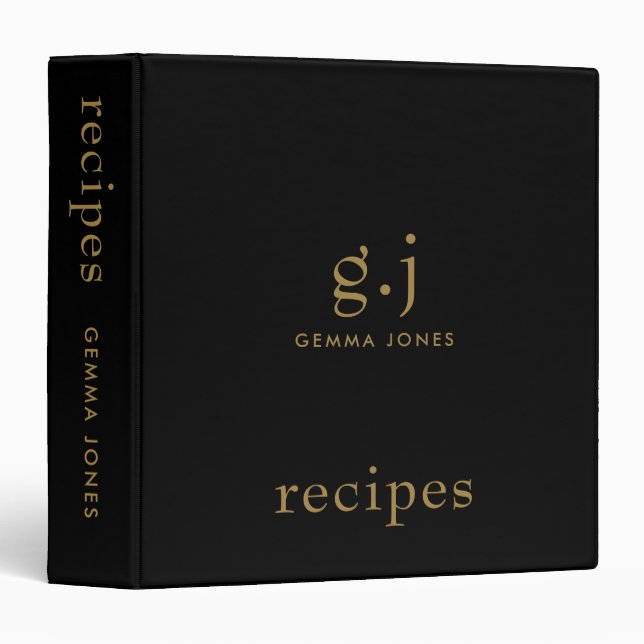 Classeur Monogramme classique élégant minimal or noir recet (Devant/Côté)