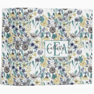 Classeur Monogramme d'aquarelle florale gris moderne