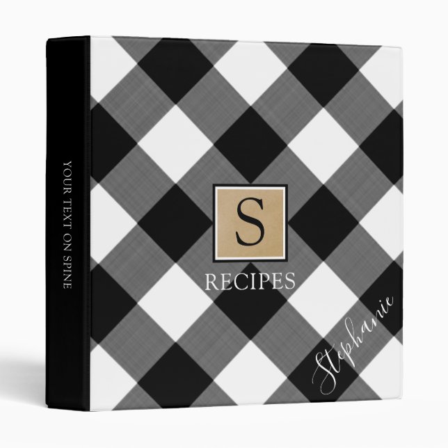 Classeur Monogramme de Buffalo Plaid RECETTE noir blanc (Devant/Côté)