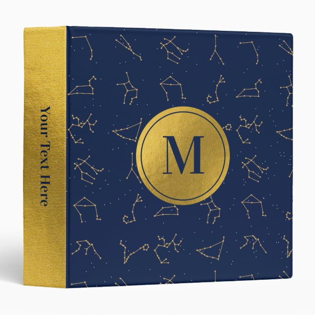 Classeur Monogramme de constellations de Zodiac bleu or et  (Devant/Côté)