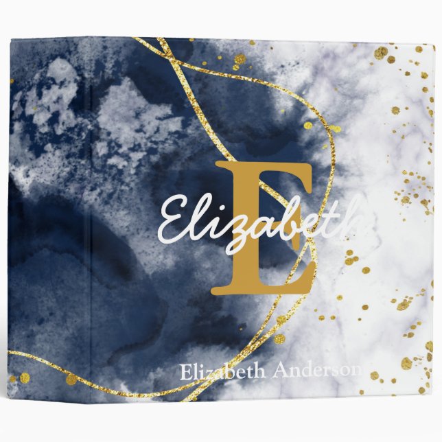 Classeur Monogramme de géode d'âge bleu marine personnalisé (Devant/Côté)