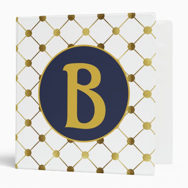 Classeur Monogramme de grille de points blanc et or (Devant/Intérieur)