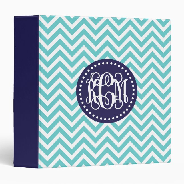 Classeur Monogramme de scénario Navy et Turquoise Preppy Ch (Devant/Côté)