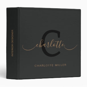 Classeur Monogramme de script noir et or pour les recettes 