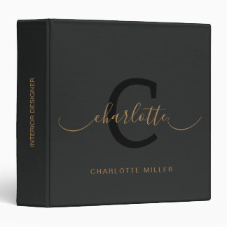 Classeur Monogramme de script noir et or pour recettes fami