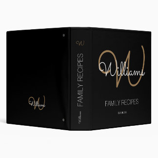Classeur Monogramme de script noir et or pour recettes fami