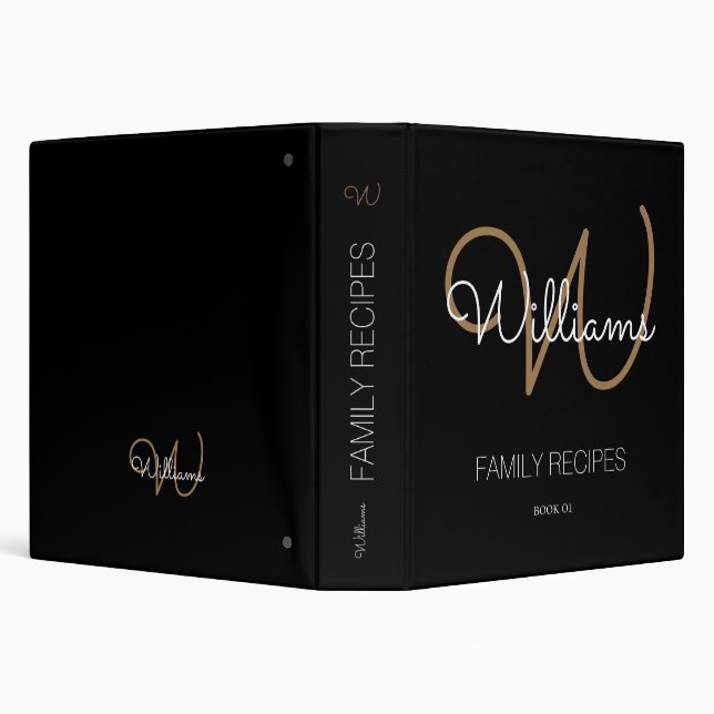 Classeur Monogramme de script noir et or pour recettes fami (Arrière-plan)