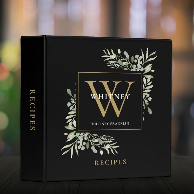 Classeur Monogramme de verdure à l'aquarelle Recette noir o (Watercolor Greenery Monogram Black Gold Recipe 3 Ring Binder)