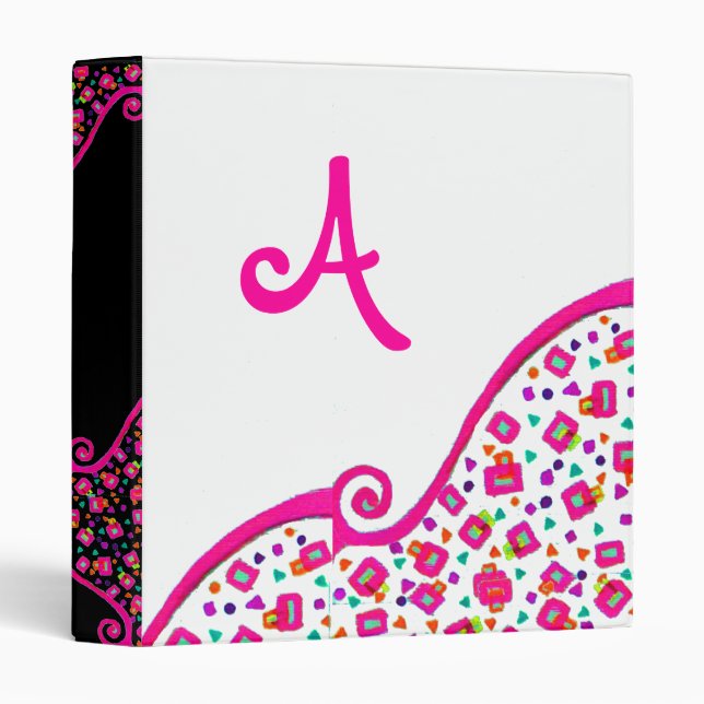 CLASSEUR MONOGRAMME DÉCO ABSTRAIT ROSE NOIR (Devant/Côté)