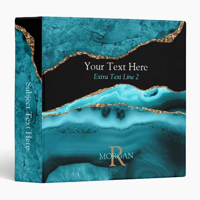 Classeur Monogramme DIY & Nom, Info, Agate Noir & Or Vs 2 (Devant/Côté)