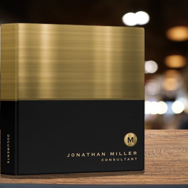 Classeur Monogramme d'or brossé noir de luxe (Créateur téléchargé)