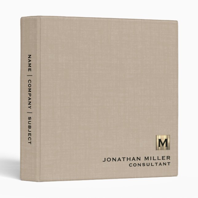 Classeur Monogramme d'or de lin beige moderne (Devant/Côté)