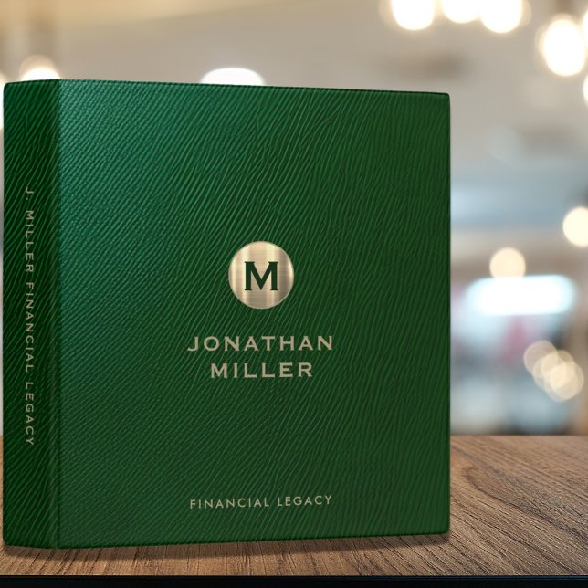 Classeur Monogramme d'or en cuir vert hérité financier (Créateur téléchargé)