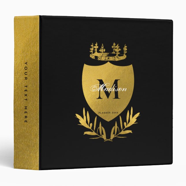 Classeur Monogramme du bouclier royal noir et or (Devant/Côté)