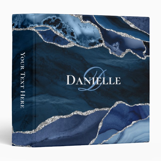 Classeur Monogramme Élégant Agate Bleu Nuit Argenté (Devant/Côté)