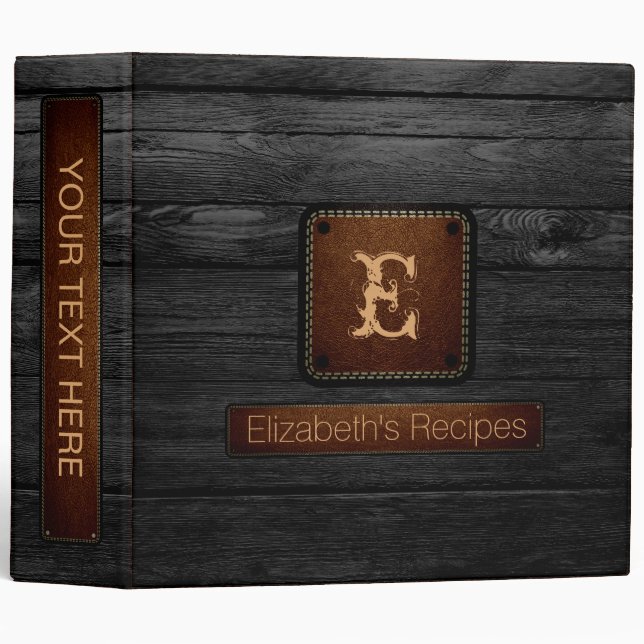 Classeur Monogramme élégant en bois noir simili cuir (Devant/Côté)