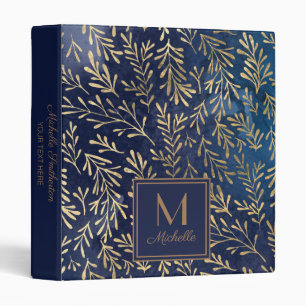 Classeur Monogramme élégant feuilles aquarelles bleu marine