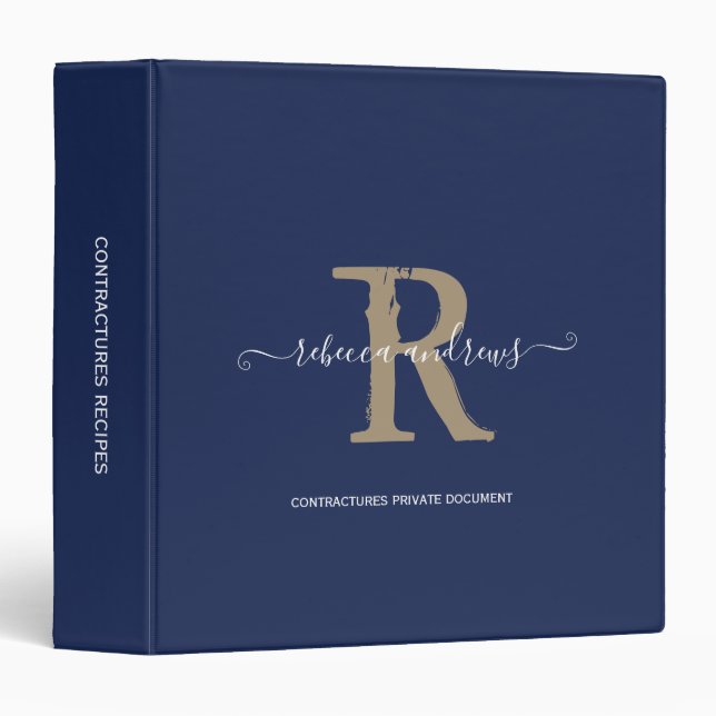 Classeur Monogramme élégant initiale de nom de script Navy  (Devant/Côté)