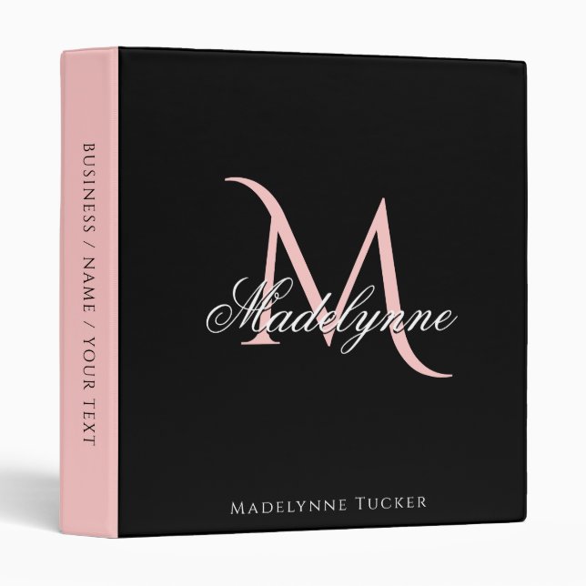 Classeur Monogramme Élégant Noir et Rose Script Bureau (Devant/Côté)